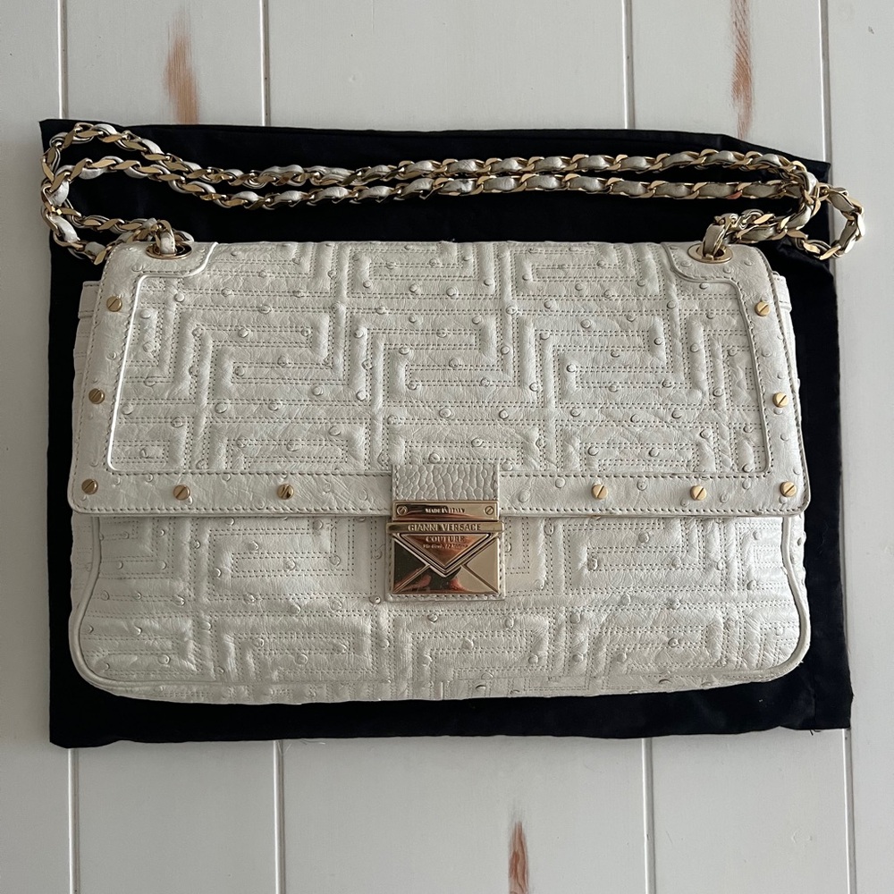Versace Embossed White Ostrich Leather Shoulder Bag Champagne Gold Chain